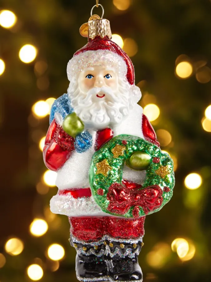 Santa and Wreath Blown-Glass Christmas Ornament