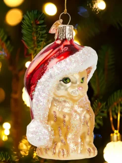 Santa Hat Kitty Cat Blown-Glass Christmas Ornament