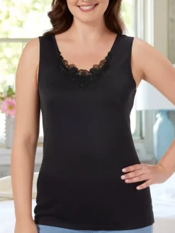 Scoop-Neck Dual-Layer Camisole With Lace Trim