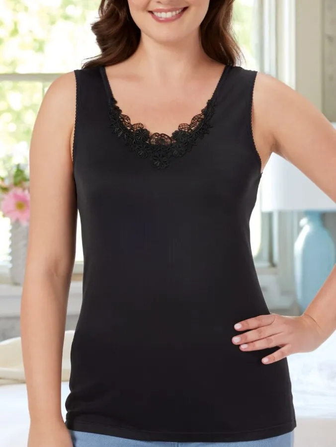 Scoop-Neck Dual-Layer Camisole With Lace Trim
