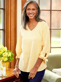 Seersucker Tunic Top With Tie Cuffs