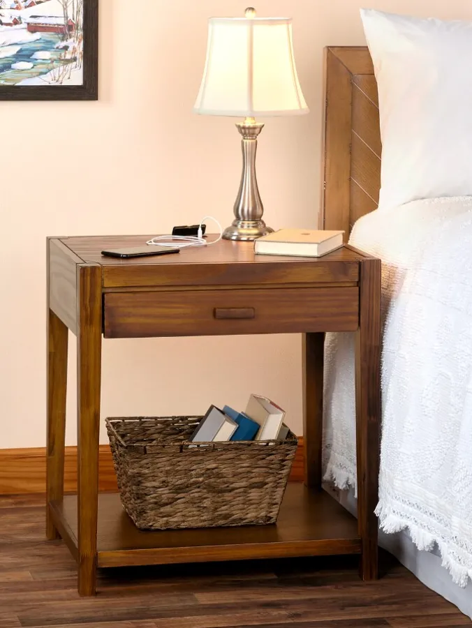 Simple Lines Solid Wood Side Table With USB Ports