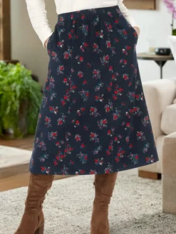 Six-Gore Navy Floral Cotton Corduroy Skirt