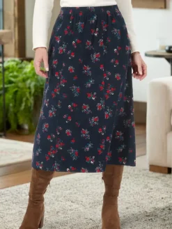 Six-Gore Navy Floral Cotton Corduroy Skirt