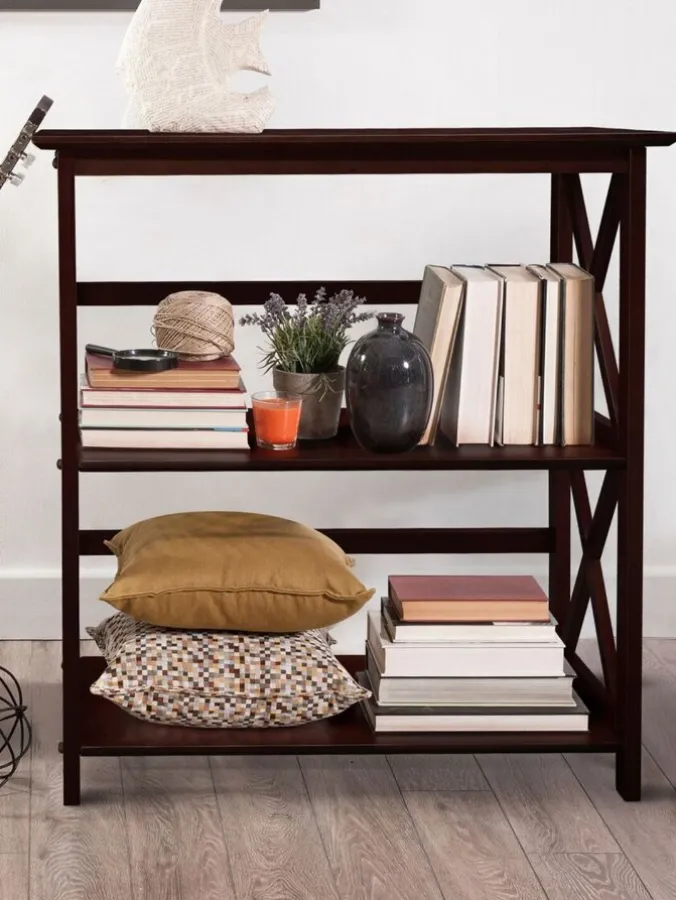 Solid Wood Three-Tier Crisscross Bookcase