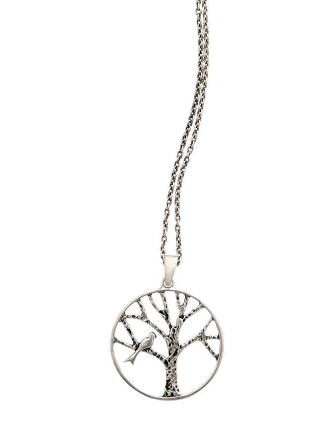 Sterling Silver Bird-on-a-Branch Pendant Necklace