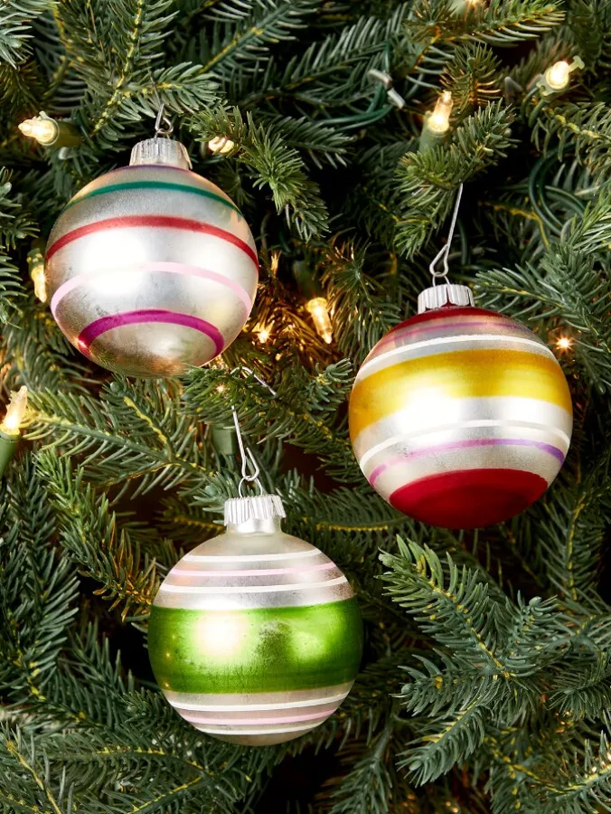 Striped Glass Ball Reflector Christmas Ornaments, Set of 6