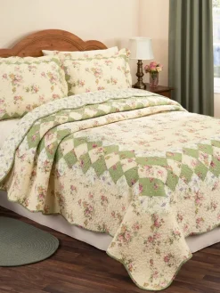 Sunshine and Sage Patchwork Quilt and Pillow Sham Set