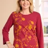 Swirling Leaves Embroidered Cotton Top With 3/4 Sleeves