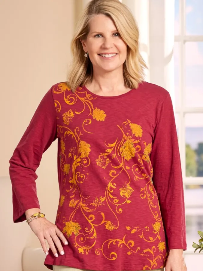 Swirling Leaves Embroidered Cotton Top With 3/4 Sleeves