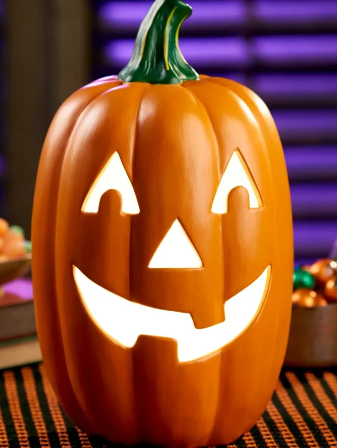 Tall Lighted Halloween Jack-o'-Lantern Ceramic Decoration