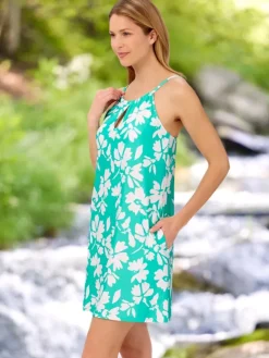 Tropical High-Neck Swim Cover Up Dress With Built-In Bra
