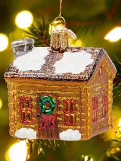 Vermont Log Cabin Blown-Glass Christmas Ornament