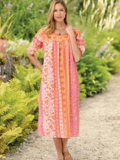 Vertical-Print Cotton Muumuu in Coral