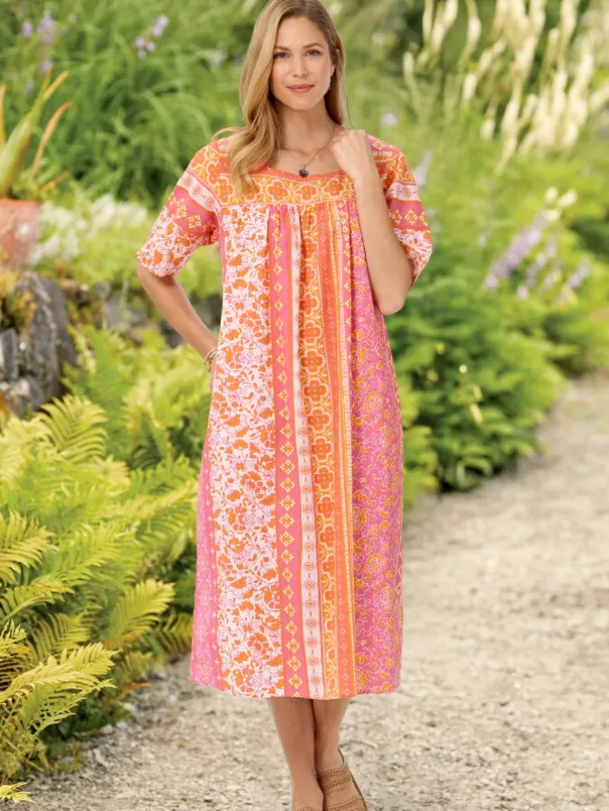 Vertical-Print Cotton Muumuu in Coral