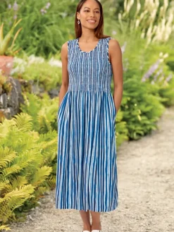 Watercolor Striped Smocked Midi Sundress