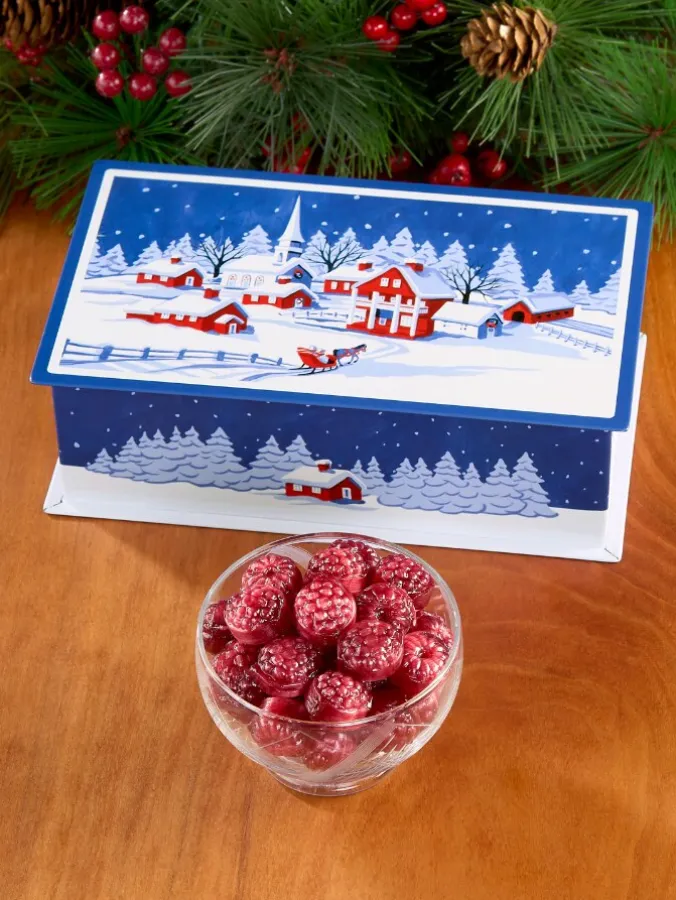 Weston Snowy Village Tin With Filled Raspberry Candy
