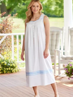 White with Blue Piping Eileen West Summer Breeze Cotton Nightgown