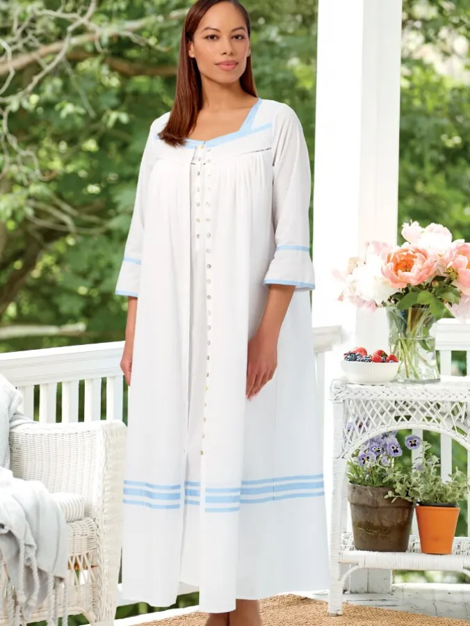 White with Blue Piping Eileen West Summer Breeze Cotton Robe