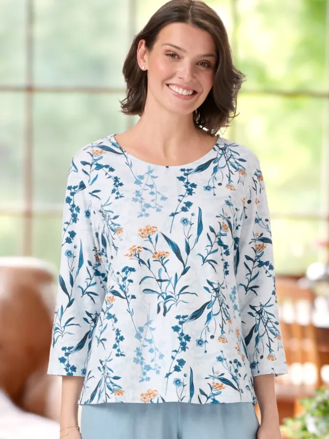 Women's Botanical Floral Print 3/4 Sleeve Jersey Top