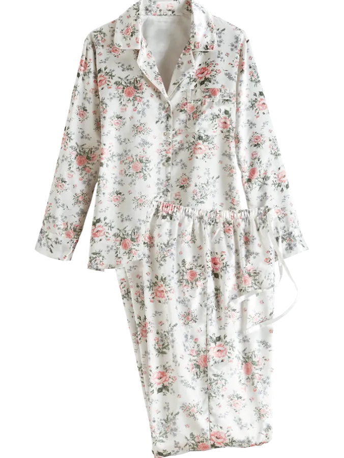 Women's Brushed-Back-Satin Rose Pajama Set