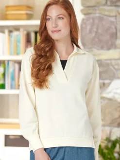 Women's Cotton-Blend V-Neck Sweatshirt With Johnny Collar