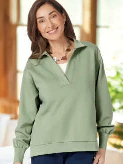 Women's Cotton-Blend V-Neck Sweatshirt With Johnny Collar