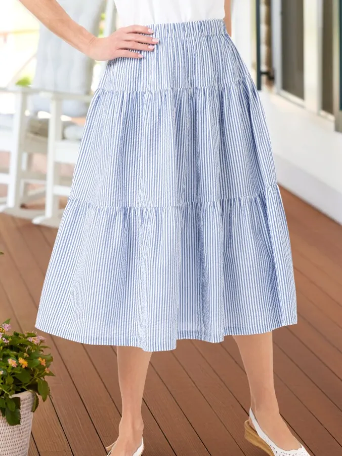 Women's Cotton Seersucker Tiered Midi Skirt