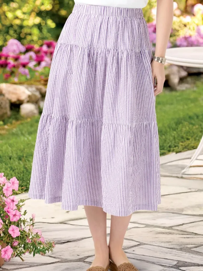 Women's Cotton Seersucker Tiered Midi Skirt