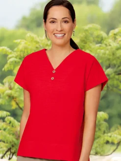 Women's Crinkle Cotton Double V-Neck Short-Sleeve Top