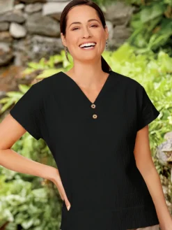 Women's Crinkle Cotton Double V-Neck Short-Sleeve Top