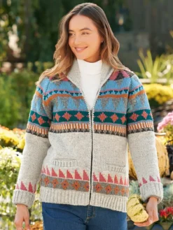 Women's Fleece-Lined Shawl Collar Fair Isle Wool Cardigan