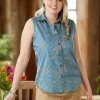 Women's Floral Denim Sleeveless Shirt