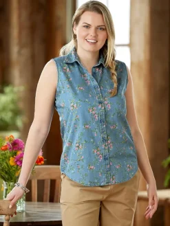 Women's Floral Denim Sleeveless Shirt