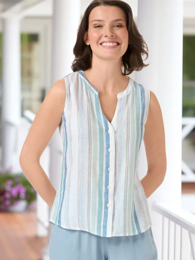Women's Linen-Blend Sleeveless Striped Button Front Top