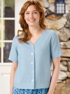 Women’s Linen-Blend V-Neck Short-Sleeve Top