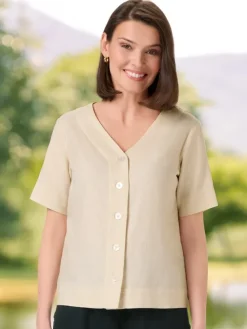 Women’s Linen-Blend V-Neck Short-Sleeve Top