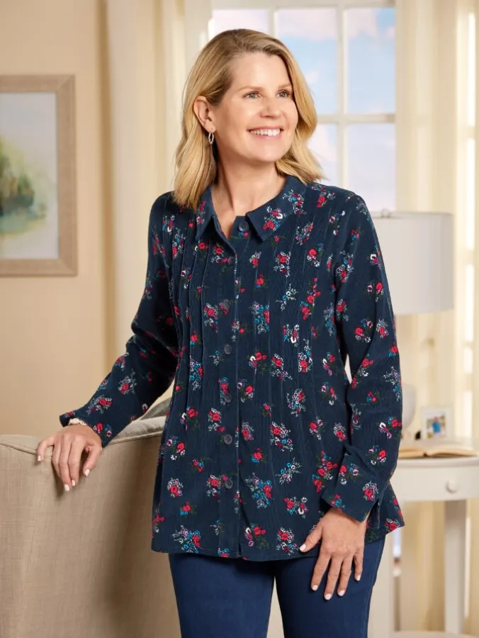 Women's Navy Floral Pintucked Corduroy Tunic