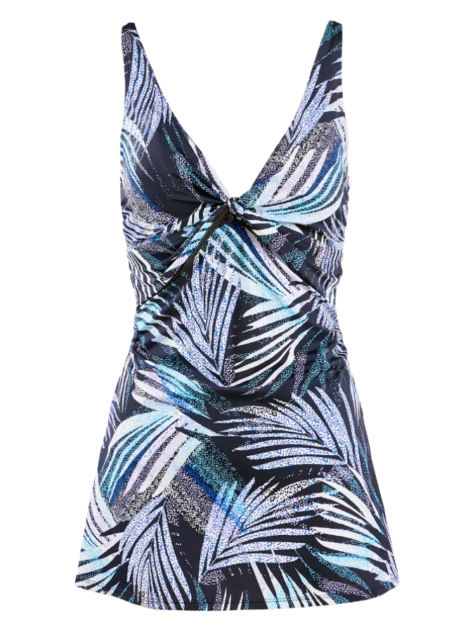 Women's Navy Palm Swim Dress With Knot Accent