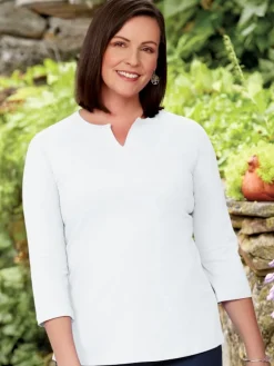 Women's Notch-Neck Cotton Jersey Tunic, Three Quarter Sleeve