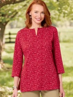 Women's Notch-Neck Printed Cotton Jersey Tunic, Three Quarter Sleeve