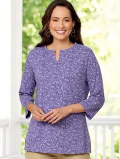 Women's Notch-Neck Printed Cotton Jersey Tunic, Three Quarter Sleeve