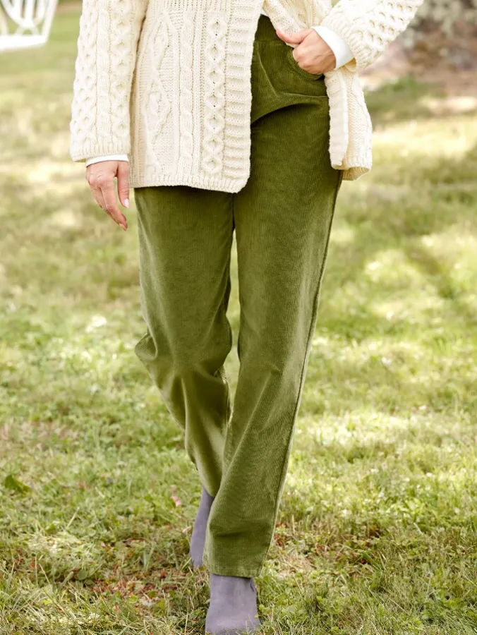Women's Olive Elastic-Waist Cotton Corduroy Pants