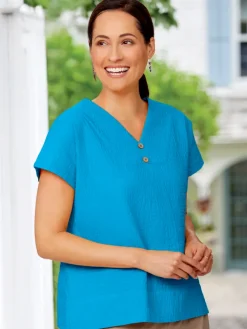 Women's Patriotic Crinkle Cotton Double V-Neck Short-Sleeve Top