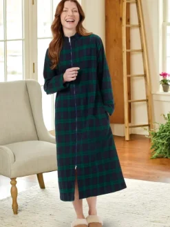 Women's Plaid Cotton Flannel Zip-Up Robe