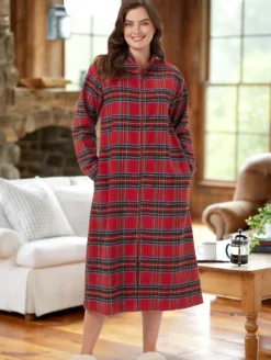 Women's Plaid Cotton Flannel Zip-Up Robe