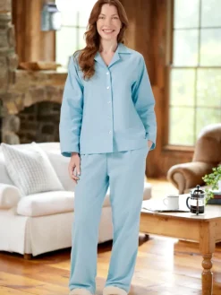 Women's Portuguese Cotton Flannel Pajama Set in Blue or Pink