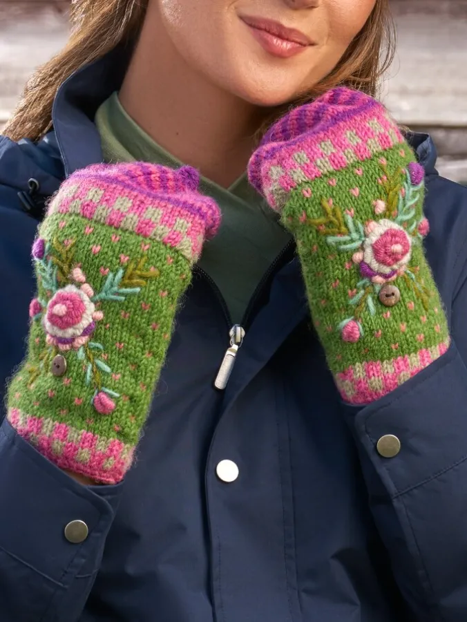 Women's Pretty Blooms Embroidered Wool Convertible Mittens