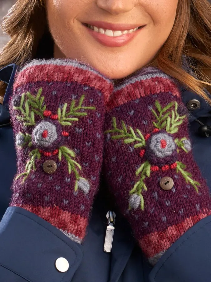 Women's Pretty Blooms Embroidered Wool Convertible Mittens