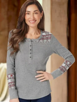 Women's Printed Waffle-Knit Henley Top